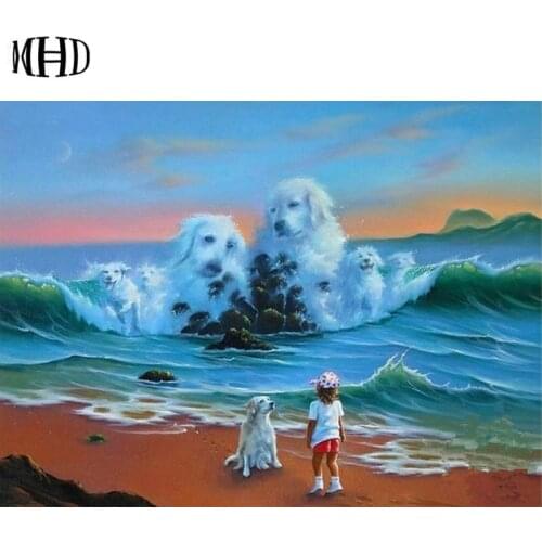 Girl and dog diy diamond embroidery sea landscape Full & Round Diamond Painting Animal Picture Diamond Cross Stitch Decoration