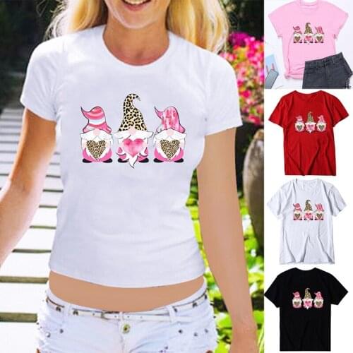 Womens Valentines Day Leopard Print Love Heart Print Loose Short Sleeve T-Shirt Top