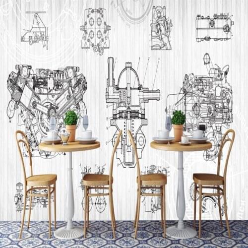 Custom mural European Style Retro Creative Hand Painted Engine Mechanical mural custom Cafe Background Wallpaper