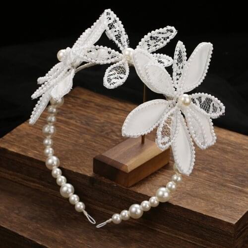 Korean White Lace Flower Crystal Hairband Pearl Bride Wedding Photo Studio with Makeup Modeling Accessories Hair Bands for Women