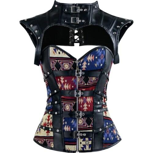 Womens Steel Boned Retro Sexy Steampunk Corset Floral Jacquard Overbust Corsets with Cap Sleeve Shrug Zipper and Buckle Bustier