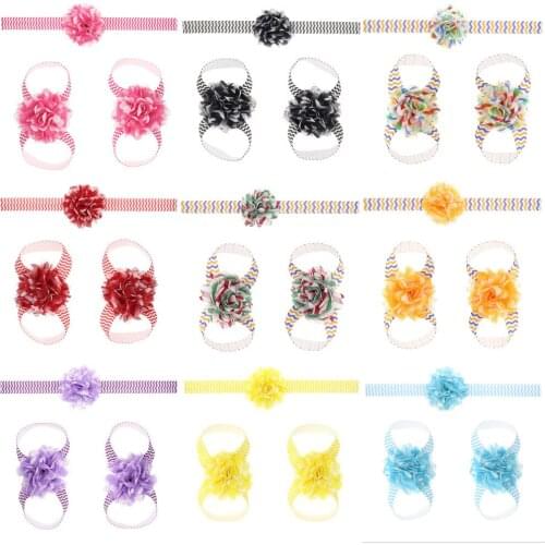 MAYA STEPAN 1 Piece Children Baby Striped Chiffon Flower Hair Head Band Foot Flower Newborn Hair Rope Headband Headwear Headwrap