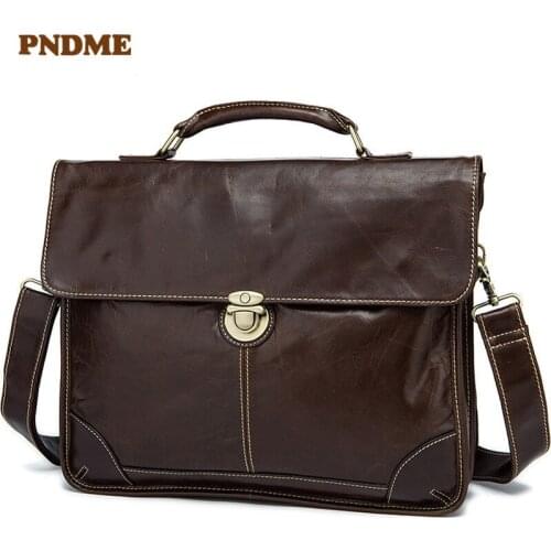 PNDME simple retro high quality genuine leather mens womens briefcase soft cowhide office laptop bag business messenger bags
