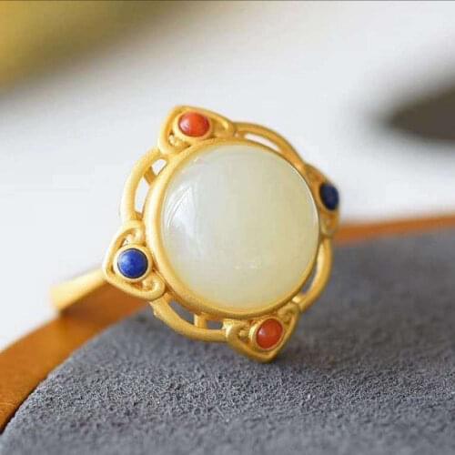 Natural and Tian Baiyu open adjustable ring Chinese style antique court national colorful noble women jewelry
