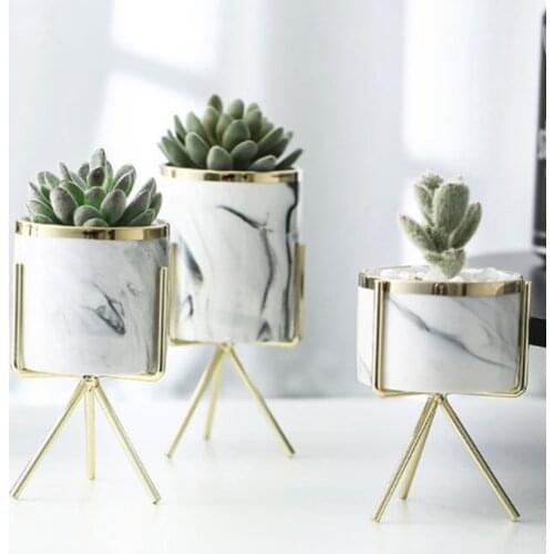 Nordic Ceramic Iron Art Vase Marble Pattern Rose Gold Silver Tabletop Green Plant Flower Pot Home Office Decorative Vases