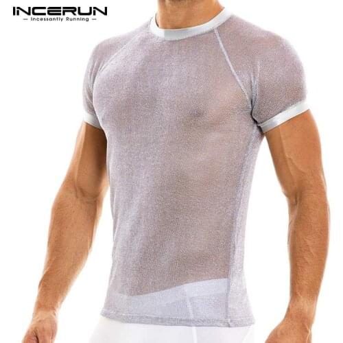 INCERUN 2021 New Mens Mesh Comfortable Tops See-through Shirts Short Sleeves Leisure Wear Soft Light Weight T-shirt Plus Size 7
