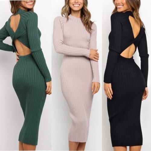 Sexy Backless Long Sleeve Bodycon Dress For Women 2020 Autumn Winter Patry Black Slim Elegant Midi Woman Knitted Dresses