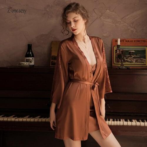 European and American womens new pajamas Satin Long Sleeve lace up robe bathrobe sexy home clothes robe sets