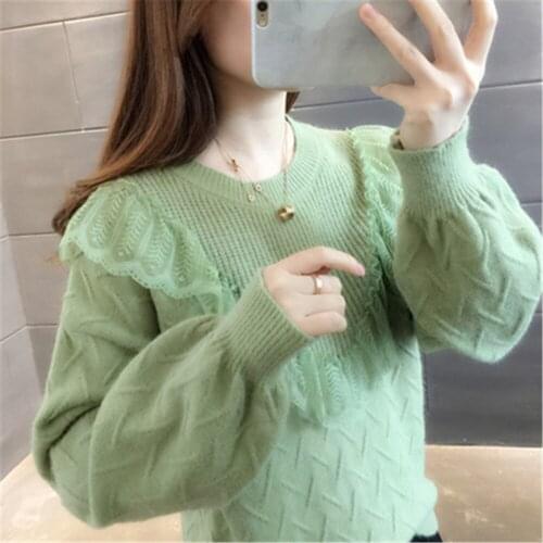 2021Fashion Thick Women Pullover Sweater Elegant Lace Ruffles Loose Autumn Knitted Jumper O Neck Long Sleeve Korean Girls Tops