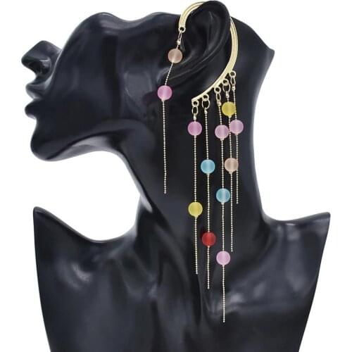 1Pairs Imitation Pearl Tassel Clip on Earrings Acrylic Stone Dangling Earrings Ear Cuff for Women Bridal Wedding Party Jewelry