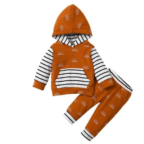 2Pcs Kids Autumn Tracksuit Sun Print Stripe Hooded Long Sleeve Sweatshirt + Long Pants for Boys Girls 6 Months to 4 Years