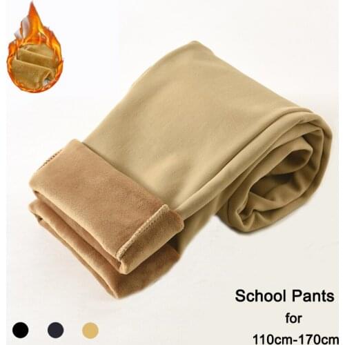 Boys Warm School Pants Winter Teenage Velvet Khaki Uniform Trousers Elastic Waist Girls Clothes Size 4 6 8 10 12 14 15 years