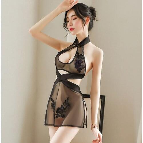 Qipao Traditional Cheongsam Babydoll Lingerie Party Nightclub Uniforms Jacquard Mesh See Through Sexy Chinese Split Mini Dresses