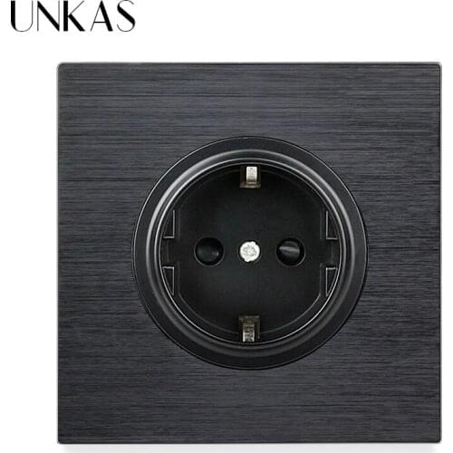 UNKAS Luxurious Black Aluminum Panel 16A EU Standard Wall Power Socket Outlet Grounded With Child Protective Lock