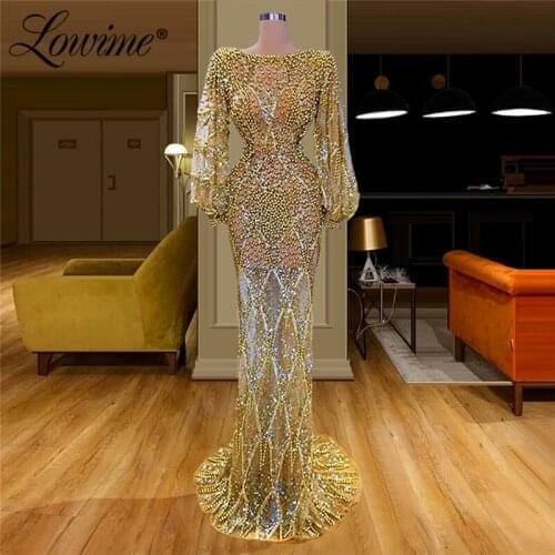 Gold Beading Evening Dresses Long Sleeves Muslim Mermaid Party Gowns 2021 Dubai Arabic Silver Sequins Long Mermaid Prom Dresses