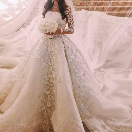 Vintage A Line Wedding Dresses 2021 Spring Retro Lace Appliques Sheer Neck Long Sleeves Sweep Train Bridal Gowns Vestidos