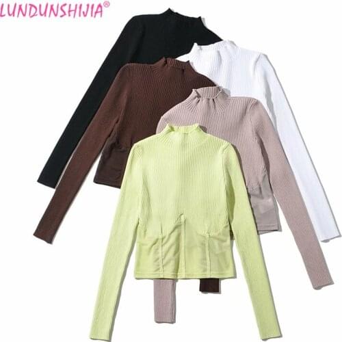 LUNDUNSHIJIA High Quality Mesh Patchwork Beam Waist Knitting Sweaters Women 2021 New Spring Ladies Half Turtleneck Slim Crop Top