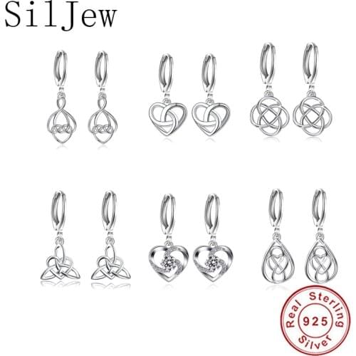 SilJew 925 Sterling Silver Polished Celtic Knot Family Tree Heart Hoop Earrings Women Crystal Luxury Jewellry Pendiente Clips