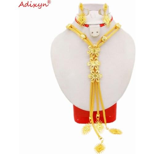 Adixyn (3desigh) Flowers Pendant Gold Color Long chain Earrings for women Egypt/Israel Personality Style Jewellry Sets N062012