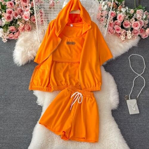 ALPHALMODA New Fashion Suit Casual Short-sleeved Hooded Cardigans Vest Short 3pcs Suit Women Casual Summer Clothes Set