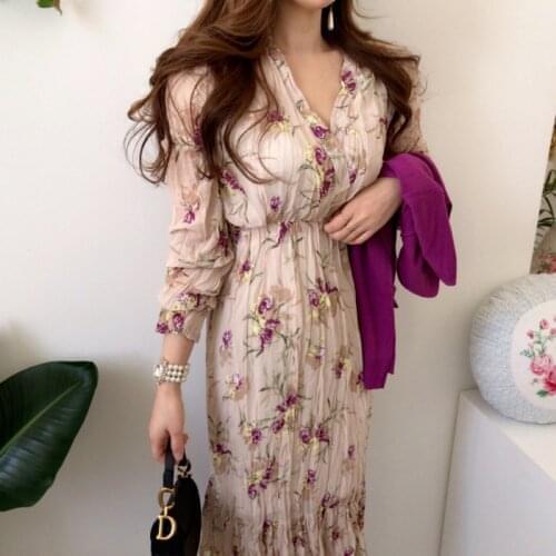 Flower V-neck Pleated Dress Autumn Elegant Dresses for Women Long Sleeve Party Dress Chiffon High Waist Vestido Mujer Chic 15851