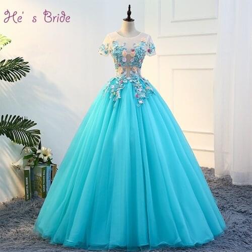 Hes Bride Elegant Flower O Neck Short Sleeves Lace Up Back Floor-Length Ball Gown Tulle Blue Wedding Dress Custom Plus Size
