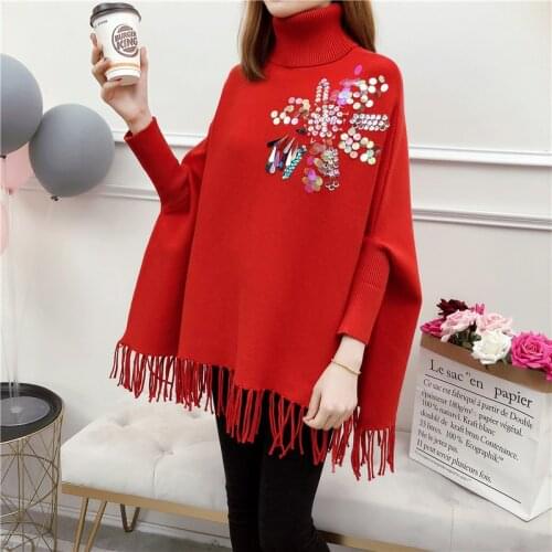 2021 Women Pullover Fashion Autumn Winter Warm Wrap Swing Turtleneck Women Sweater Long Sleeve Applique Sequins Sweater