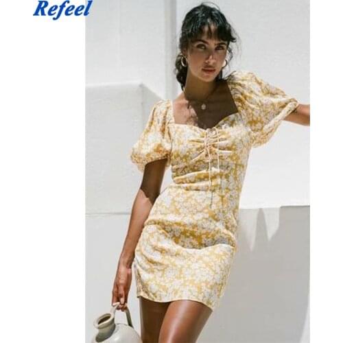 2021 Fashion Women Square Collar Print Lace-up Dress Short Sleeve Female Summer Mini Dresses