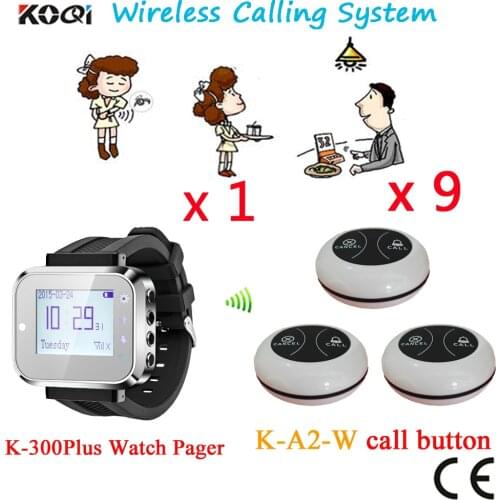 Wireless Call Button Pager System Best Discount Price 433.92MHZ Frequency Restaurant CE Approval(1 watch+9 button)