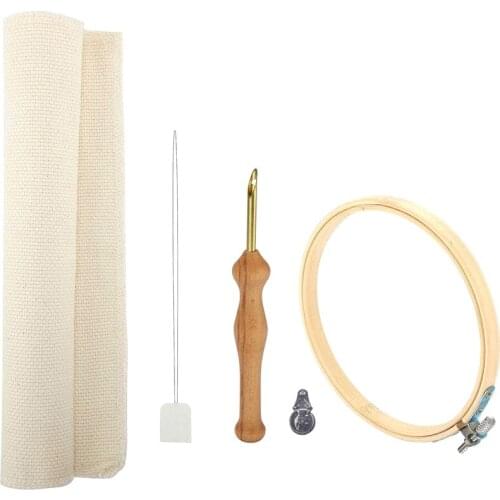 Wooden Embroidery Pen Punch Needle Felting Threader Set Needlework Kit with Embroidery Hoop Fabric Cloth Set for Women