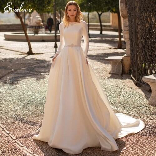 EVALOVE Elegant O-Neck Backless Bride A-Line Wedding Dresses 2021 Luxury Beading Satin Court Train Custom Princess Bridal Gown