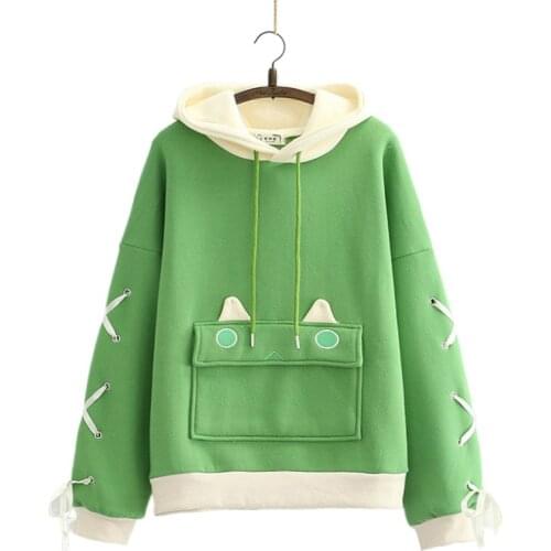 Fleece Womens Sweatshirt Cartoon Embroidery Criss Cross Lace Up Hoodies Long Sleeve Hooded Pullover 2020 Winter Clothes