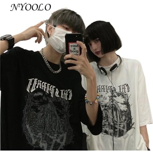 NYOOLO Harajuku Dark Wizard Gothic Letters Print Short Sleeve T-Shirt Women Men Summer Streetwear Loose O-Neck Hip Hop Tops Tee