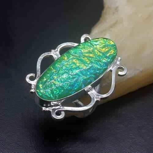 Gemstonefactory Jewelry Big Promotion Single Unique 925 Silver Green Dichroic Glass Women Men Rings 7.5# 20210085