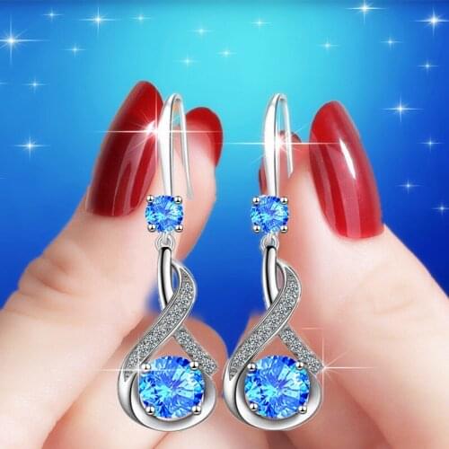 Geometric Water Drop Temperament Earrings For Women Blue Pink White Round Stone Dangle Earrings Female Crystal Wedding Earrings