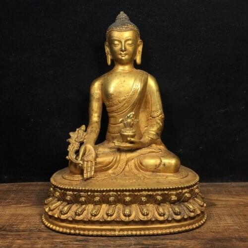 8"Chinese temple collection Old Bronze Gilt Medicine Buddha Shakyamuni Sitting Buddha Ornaments Town House Exorcism