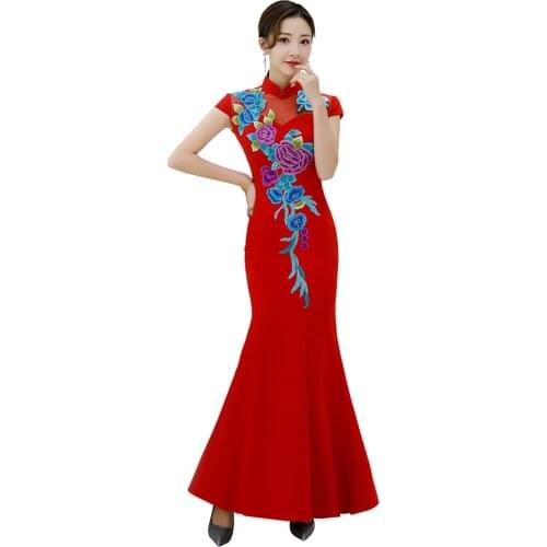 Shanghai Story chinese traditional dress Floral Embroidery Long mermaid Qipao Short Sleeve Lace cheongsam dress Oriental Dress