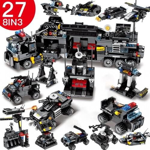 695pcs Lepinblock SWAT Police Building Block City Black Eagle Aircraft Tank Constructor Figure Enlighten Brick Toy