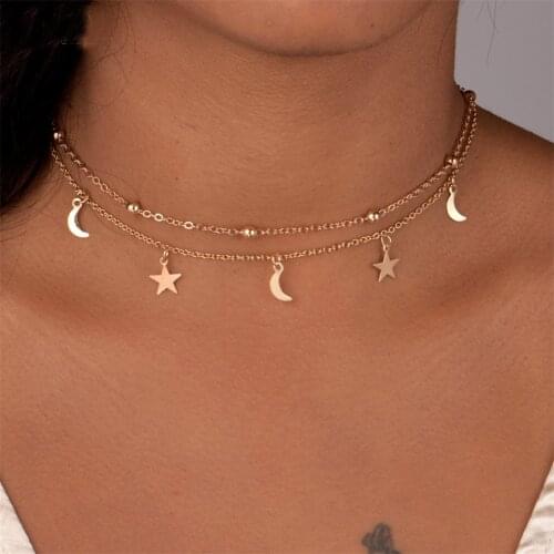 Fashion Multilayer Stainless Steel Endant Women Gold Silver Color Beads Moon Star Horn Crescent Double Chain Choker Necklaces