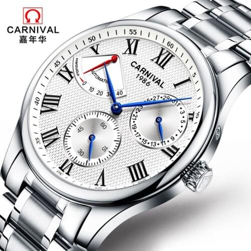 Carnival Men Automatic Watch Energy Display Brief Small Seconds Dial Date Luxury Mechanical Watch