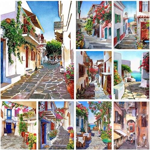 City scenery Cross Stitch Kits 14CT 11CT Count Printed Canvas DMC DIY Handmade Embroidery Kits Needlework Sets Home Decor