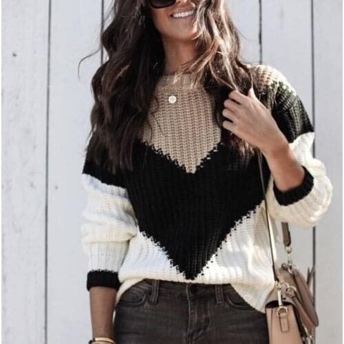Autumn / Winter 2020 New Long Sleeve Off Shoulder Color Block Sweater Womens Sweater Pullover Casual Loose Stripe Sweater