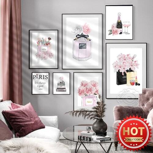 Paris Perfume Flower Watercolor Poster, Woman Pink Fashion Cosmetics Mural, Modern Beauty Salon Cosmetics Shoppe Decor Prints