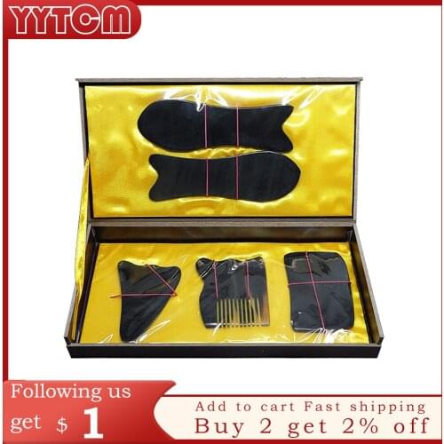 Gift Guasha chart! Wholesale & Retail Traditional Massage hard box kit 5pcs/set 100% ox horn