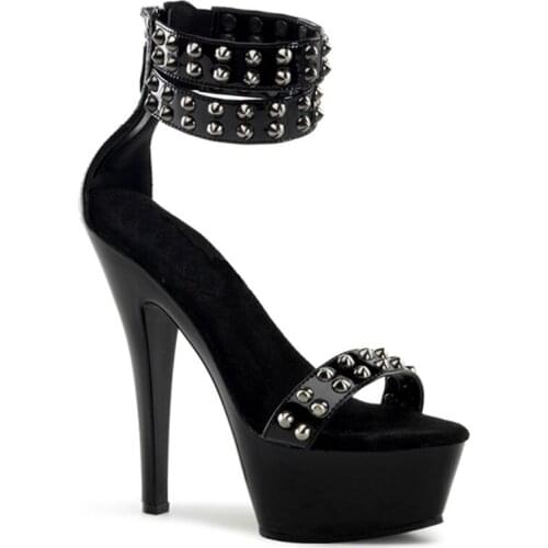 The latest sexy black riveting, high platform, polyurethane 15cm high heels, pole dancing/dinner and dancing shoes