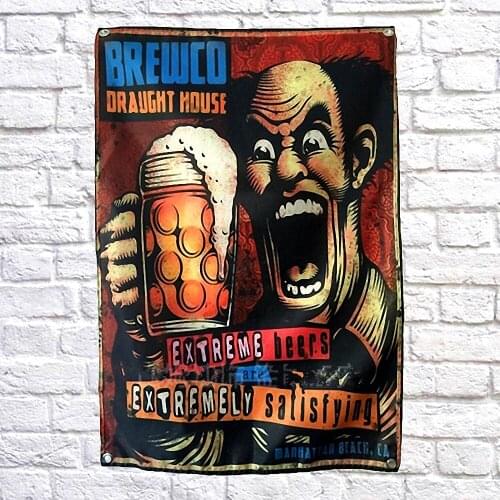 BREWCD DRAUGHT HOUSE Shabby Retro Banner Wall Art Bar Winery Home DecorBeer Day Poster Hanging Chart Flag with 4 Metal Grommets