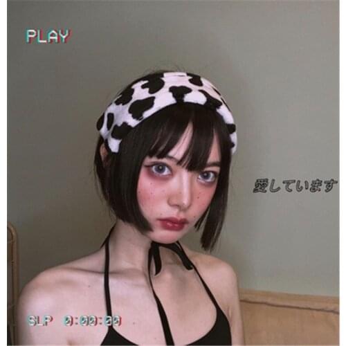 Y2K Headband Japanese Style Dairy Cow Striped Spotted Plush Headbands Multifunction Winter Warm Accessories Choker Scarf