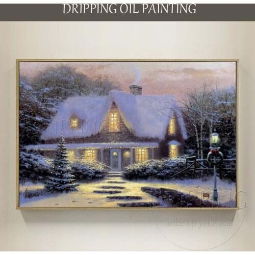 Professional Artist Hand-painted High Quality Snowy Night Oil Painting on Canvas Christmas Night Oil Painting for Wall Decor