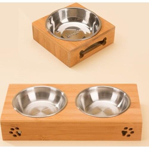 Dropshipping New Popular Cat Dog Pet Stainless Steel Feeding Drinking Bowls Combination Bamboo Frame Single and Double Bowl