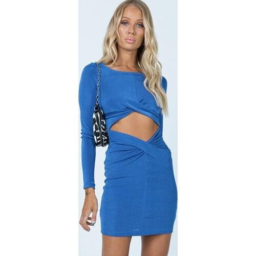 Spring Autumn New Women O-neck Hollow Out Mini Dress Long Sleeve Solid Color Casual Slim Bodycon Sexy Package Hip Party Vestidos